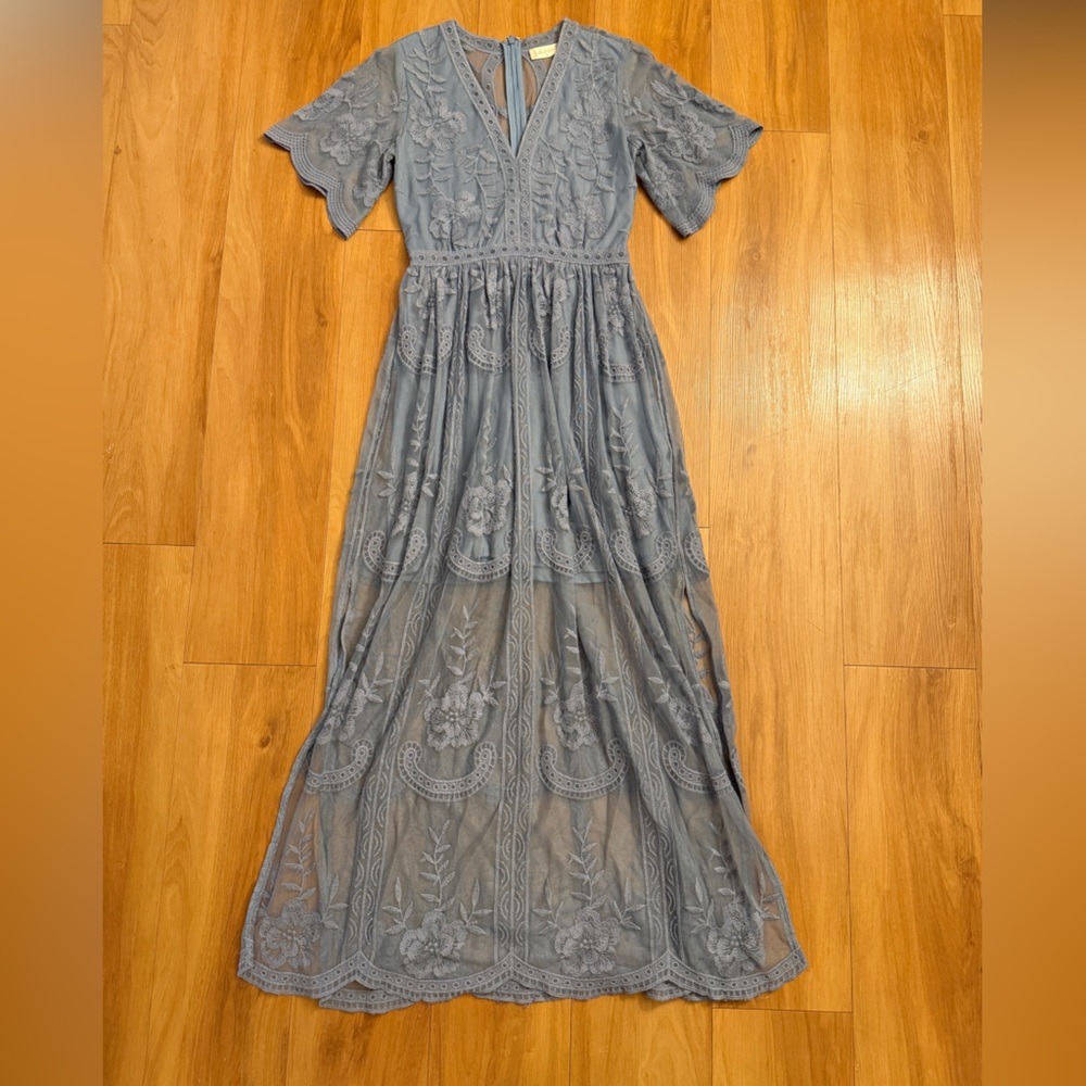 Altar'd State Dusty Blue Lace Maxi Dress